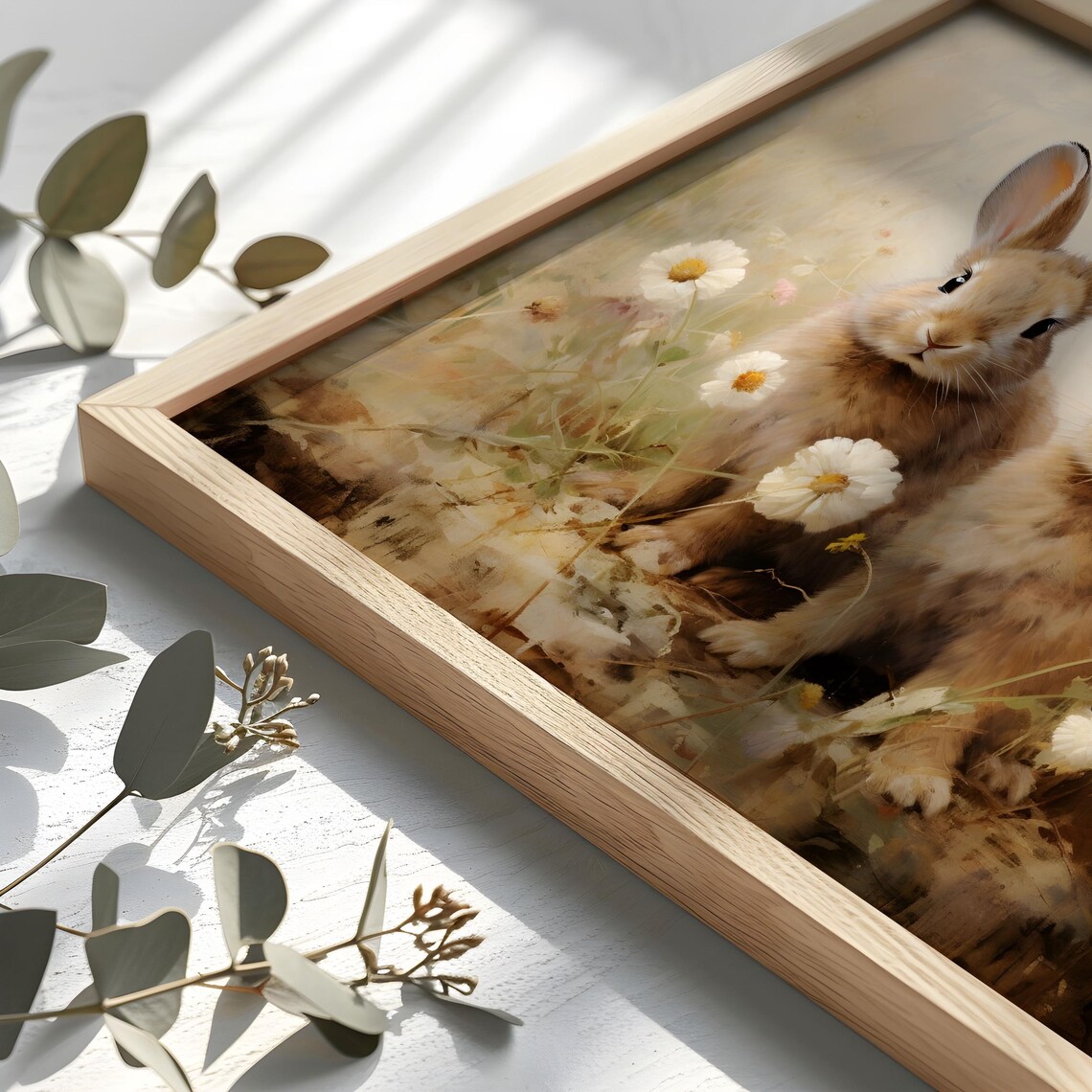 Pair of Rabbits Among Daisies Vintage Bunny Animal Portrait Poster - Image 2