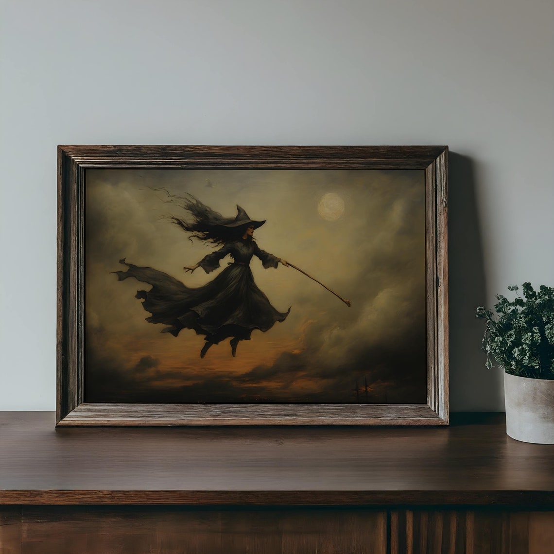 Witch Flying Broomstick Across Moonlit Cloudy Night Sky Poster - Image 3