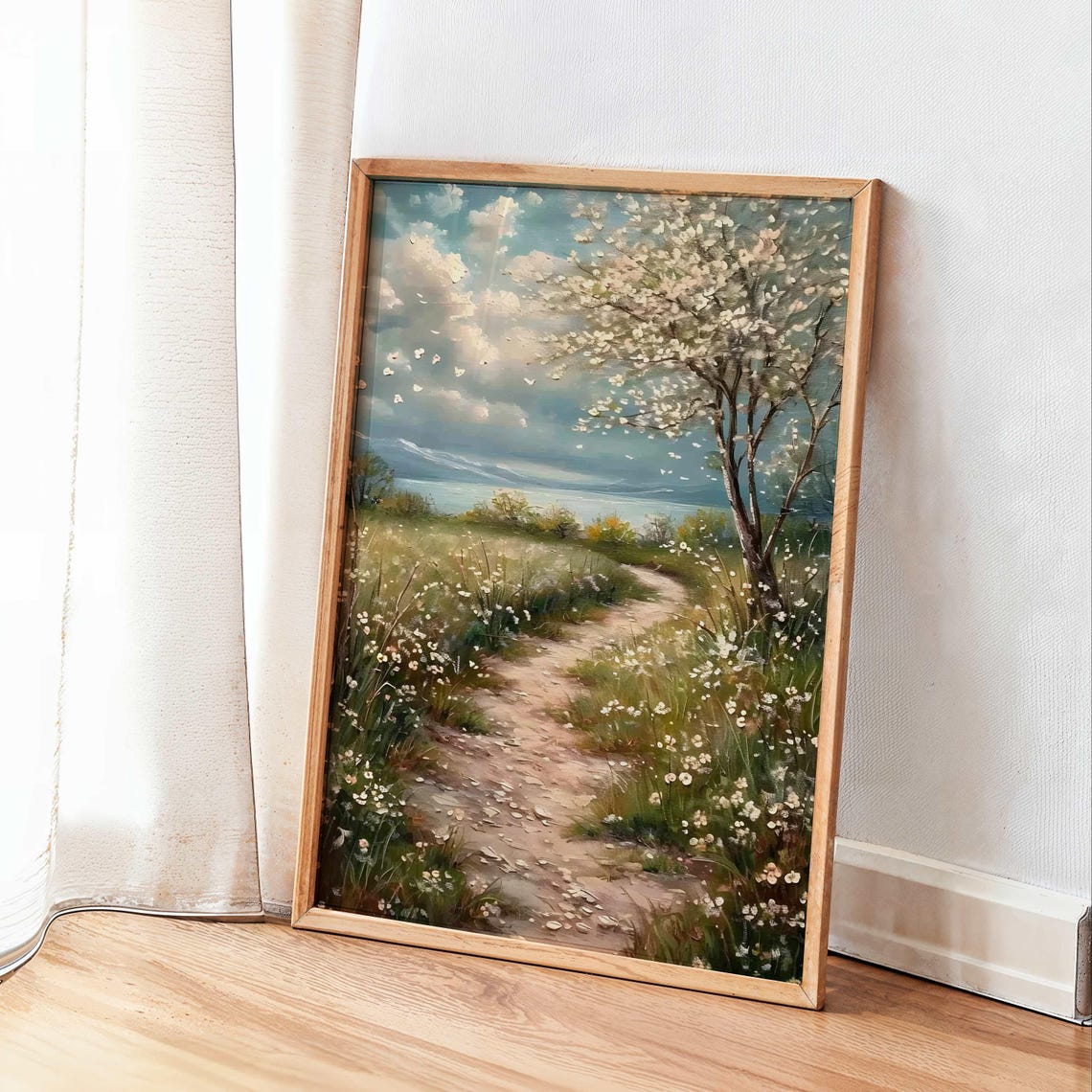 Winding Flower Path by the Lake Vintage Spring Landscape Poster - Image 3