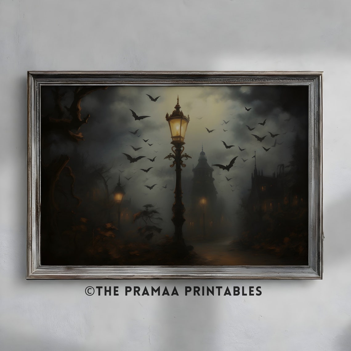 Gothic Street Lamp Bats Misty Night Victorian Spooky Town Poster