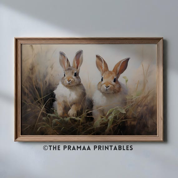 Easter Bunny Painting Landscape Cute Rabbits Wall Art Pastel Spring Wall Decor Rustic Woodland Animal Nursery Print Ew25