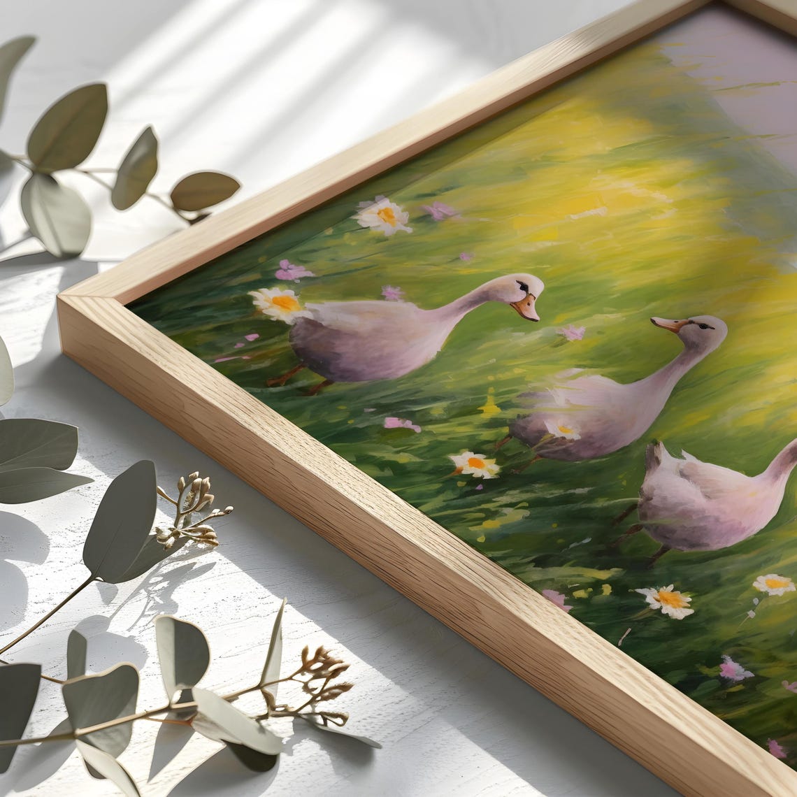 Three White Ducks in Green Meadow Vintage Spring Duck Poster - Image 2