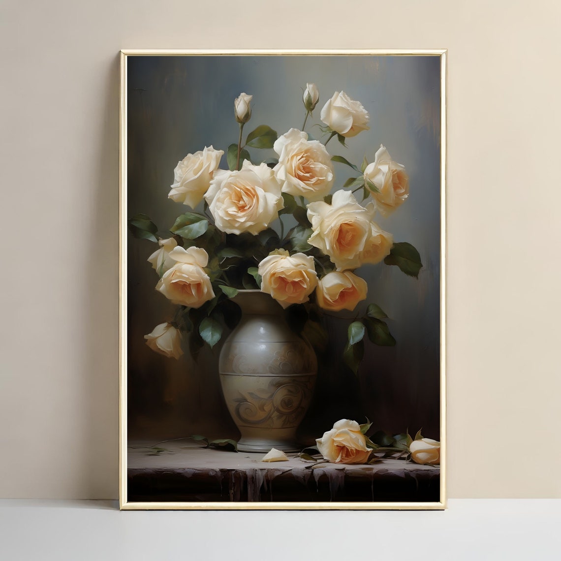 Cream Roses in a Ceramic Vase Classic Still Life Painting Poster - Image 3