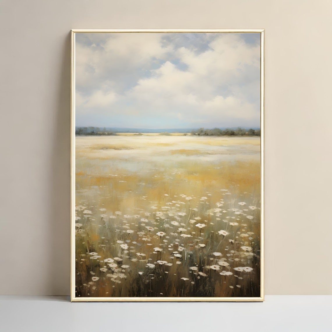 Golden Wildflower Field Under Cloudy Sky Vintage Landscape Poster - Image 3