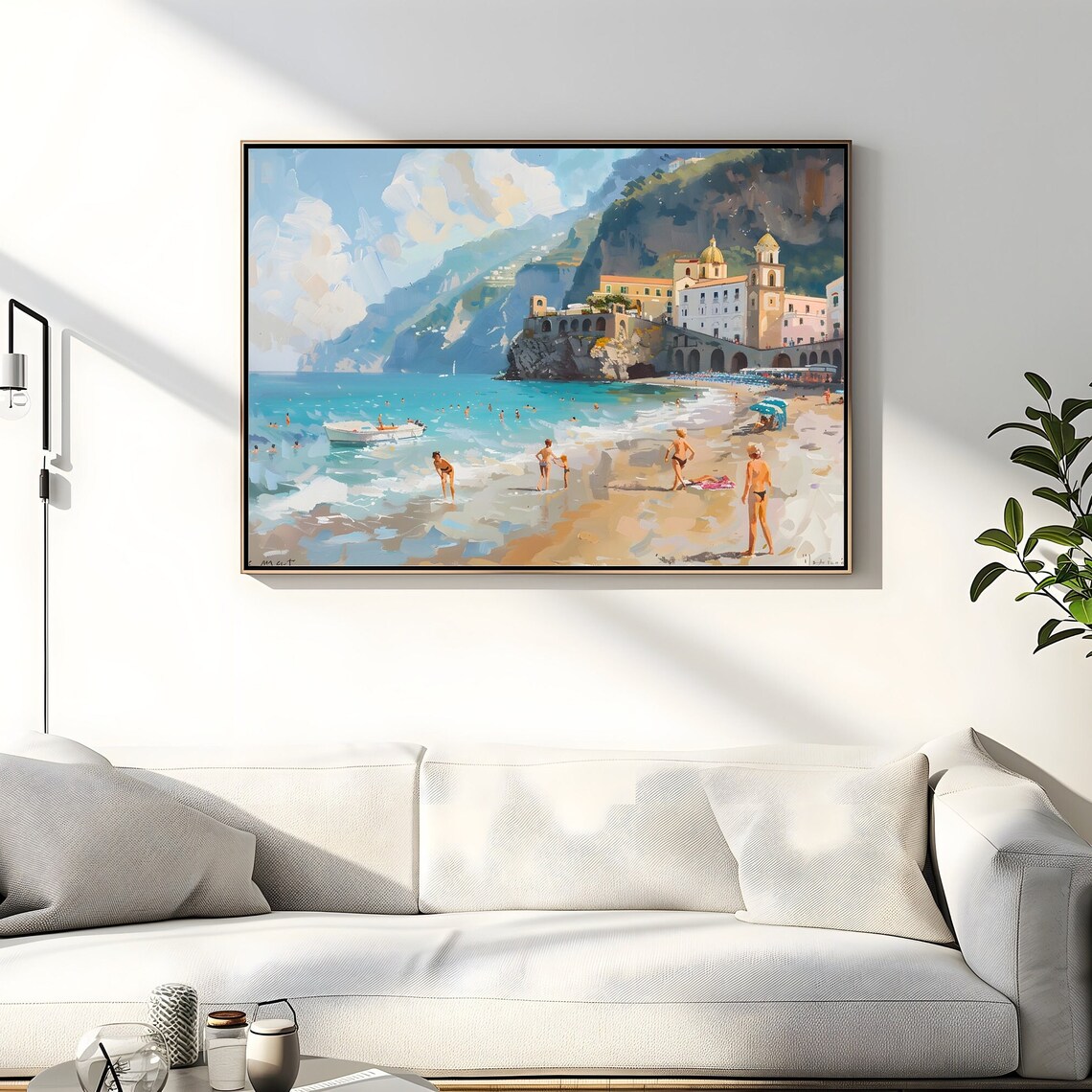 Mediterranean Coastal Town Beach with Cliff Houses Summer Travel Painting Poster - Image 2