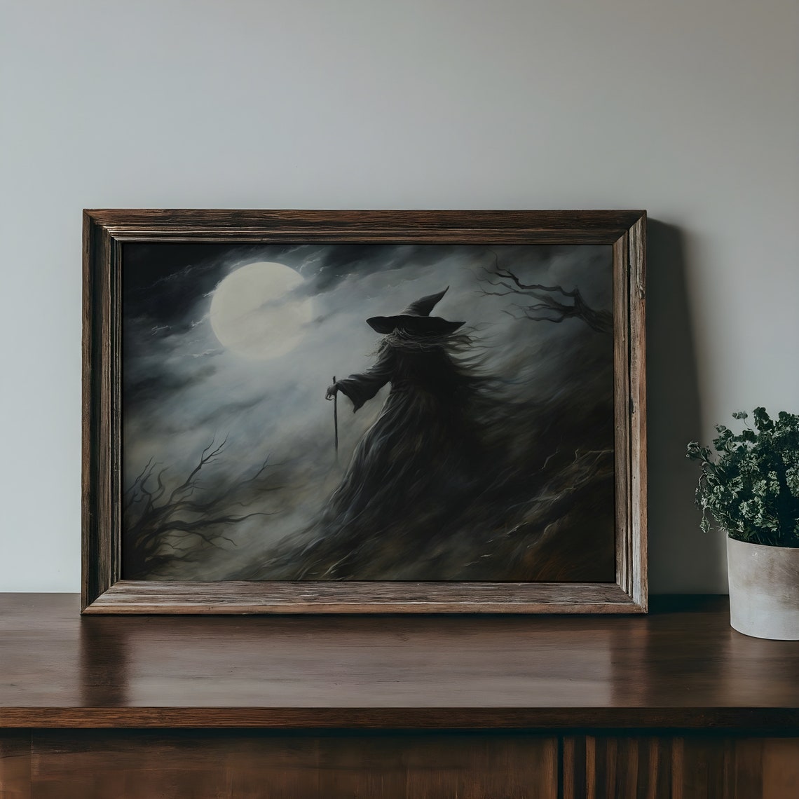 Witch Silhouette Beneath Full Moon Night Mist Dark Academia Poster - Image 3