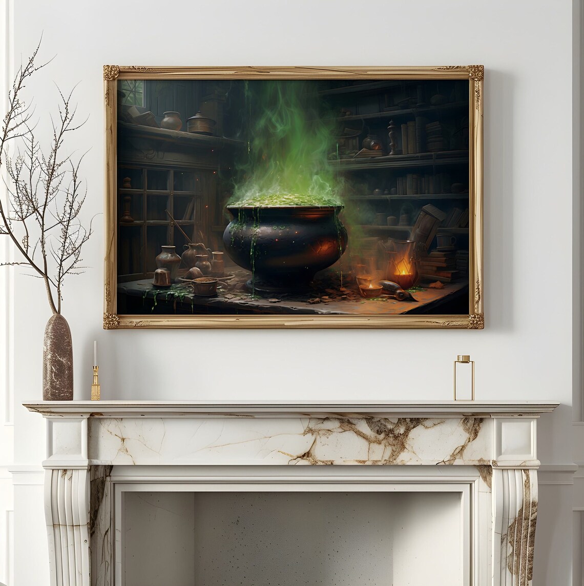Witch Cauldron with Green Potion Dark Halloween Painting Poster - Image 3