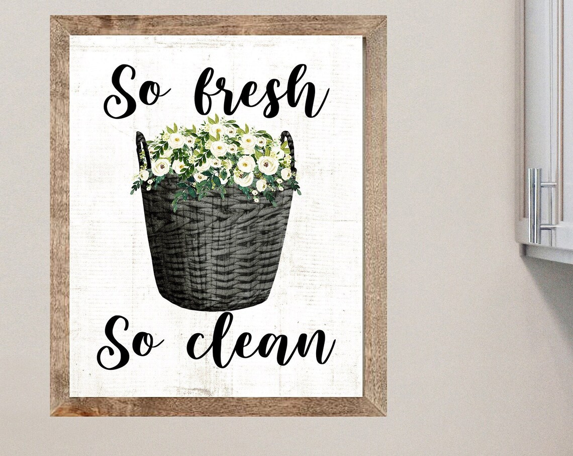 So Fresh So Clean Gray Laundry Basket Floral Farmhouse Poster