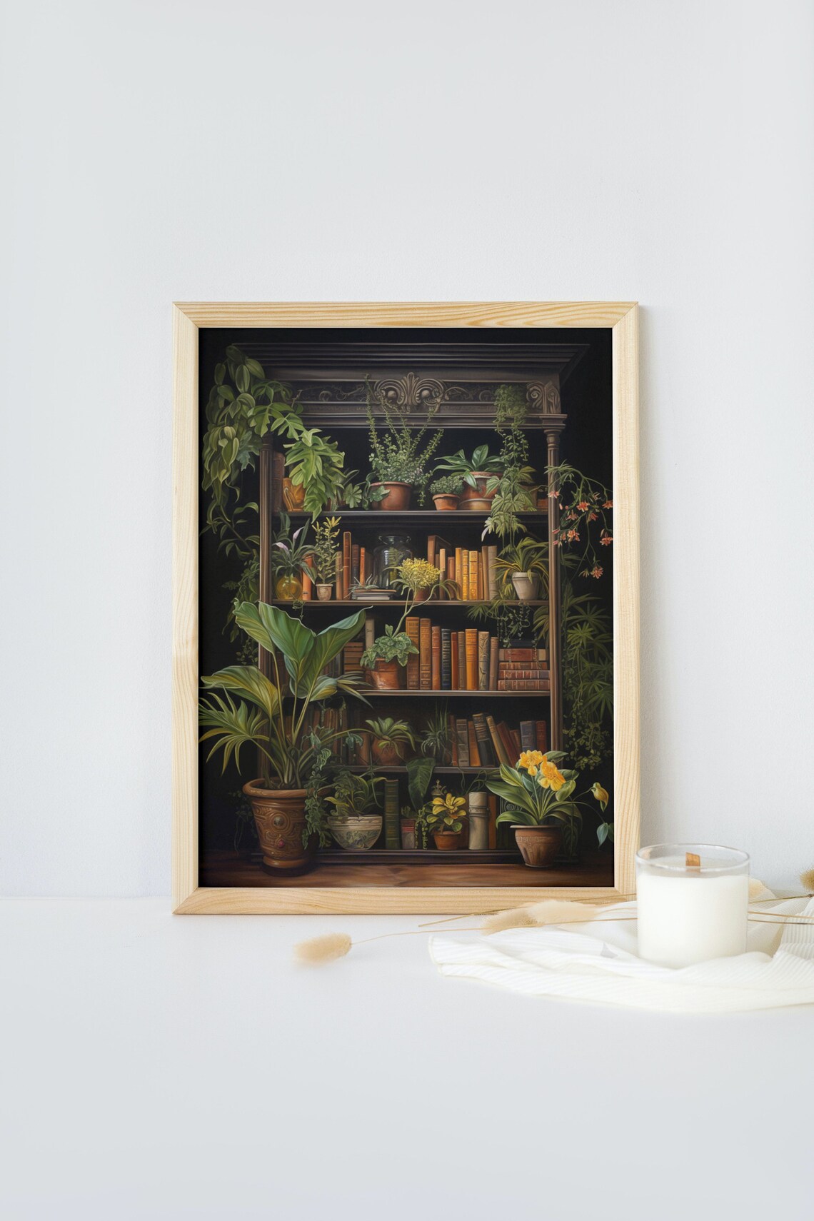 Dark Academia Bookcase and Plants Art Print - Image 2