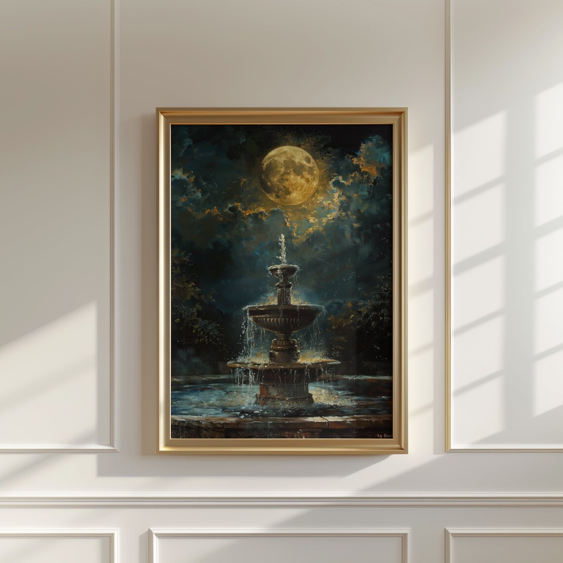 Full Moon Above Water Fountain Art Print, Vintage - Image 4