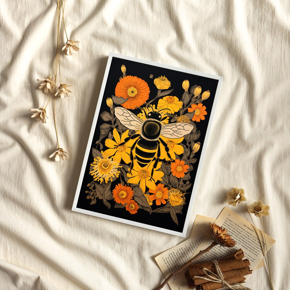 Bee And Flowers Vintage Block Print Art Print - Image 4