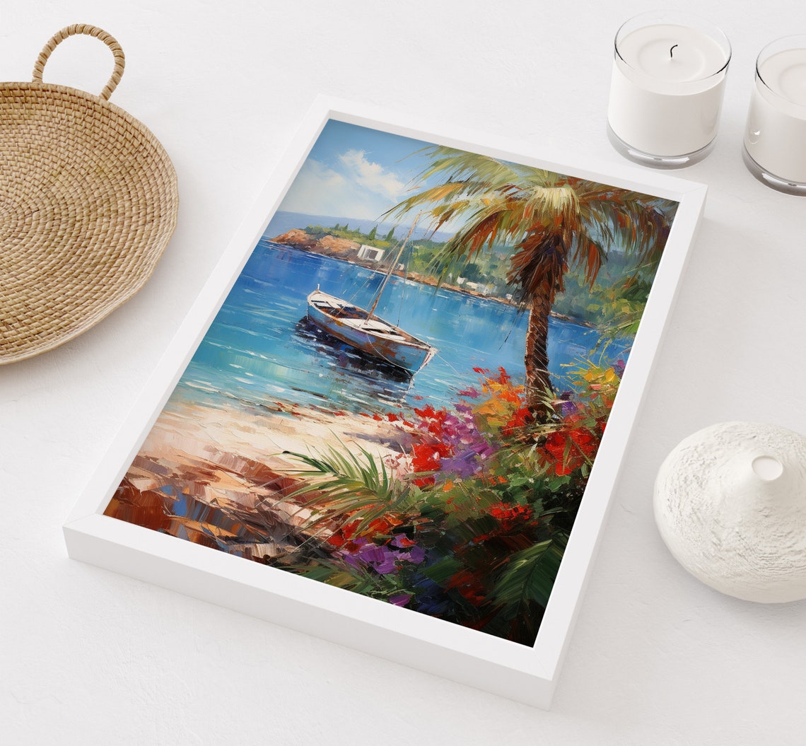 Mediterranean Sailboat Palm Tree Bougainvillea Bay Art Print - Image 3