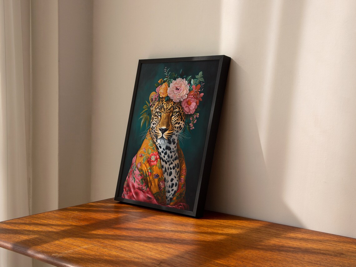 Maximalist Eclectic Leopard Art Print, Vintage Floral - Image 2