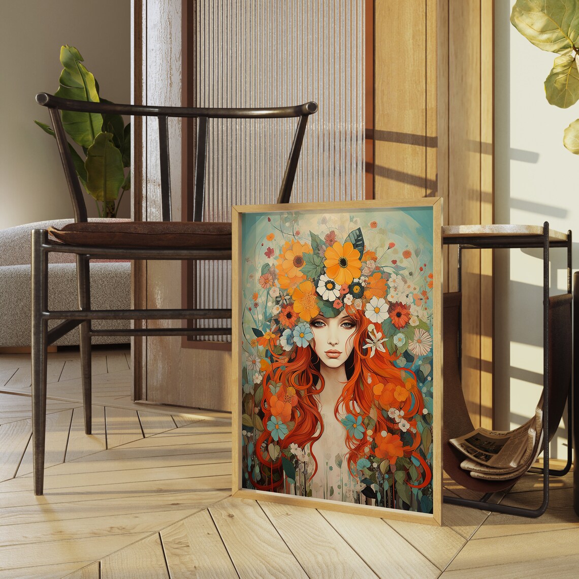 1960s Bohemian Woman And Flowers Art Print - Image 3
