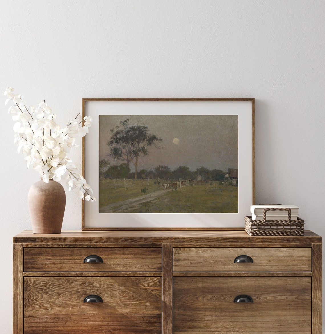 Moonrise Over Summer Fields Cows Pasture Night Vintage Art Print - Image 3