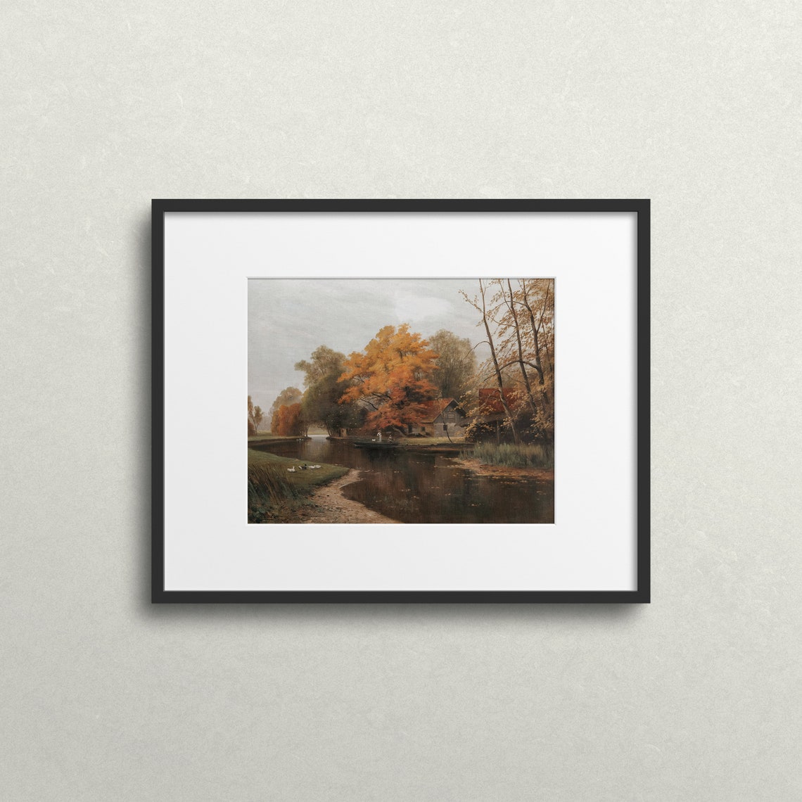 Autumn River Cottage Moody Orange Foliage Riverside Painting Poster - Image 2