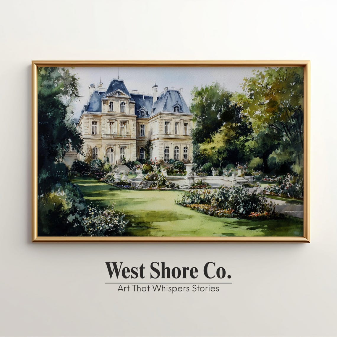 French Chateau Garden Print, Vintage European Mansion