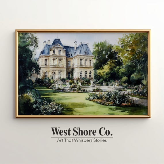 French Chateau Garden Print, Vintage European Mansion