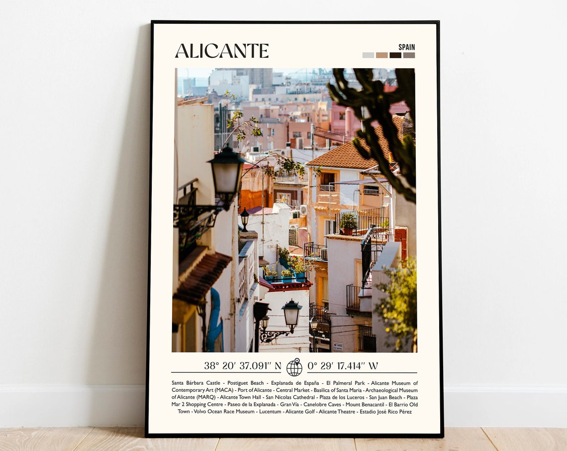 Alicante Spain Hillside Old Town Street Coordinates Travel Poster
