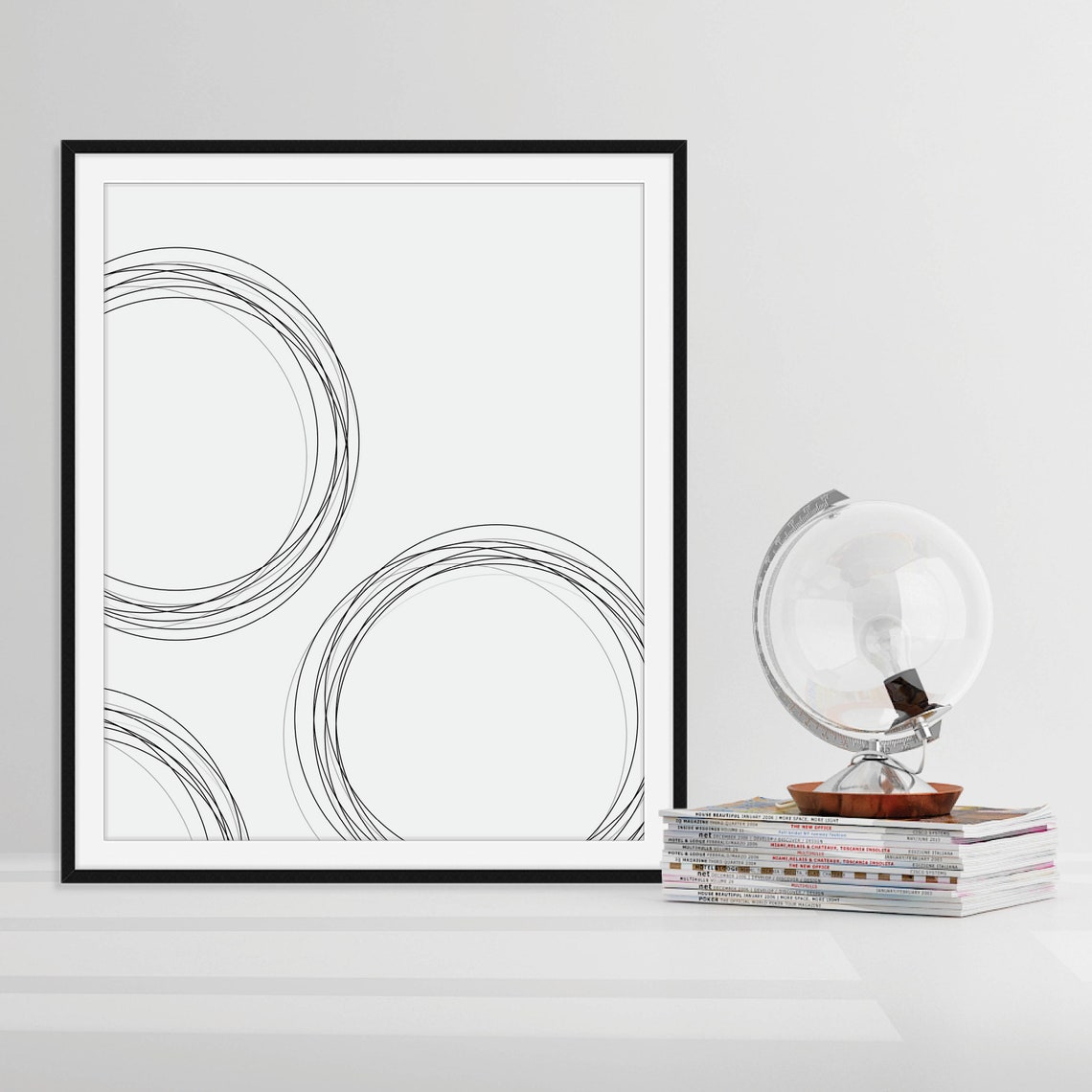 Black And White Overlapping Circle Line Art Minimalist Abstract Poster