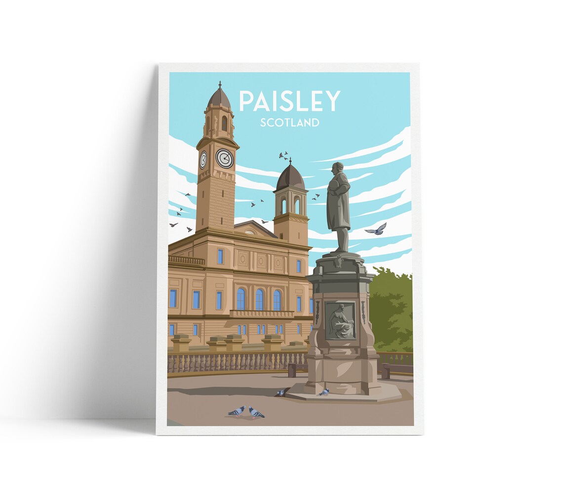 Paisley Scotland Town Hall Travel Poster Clock Tower Statue Art
