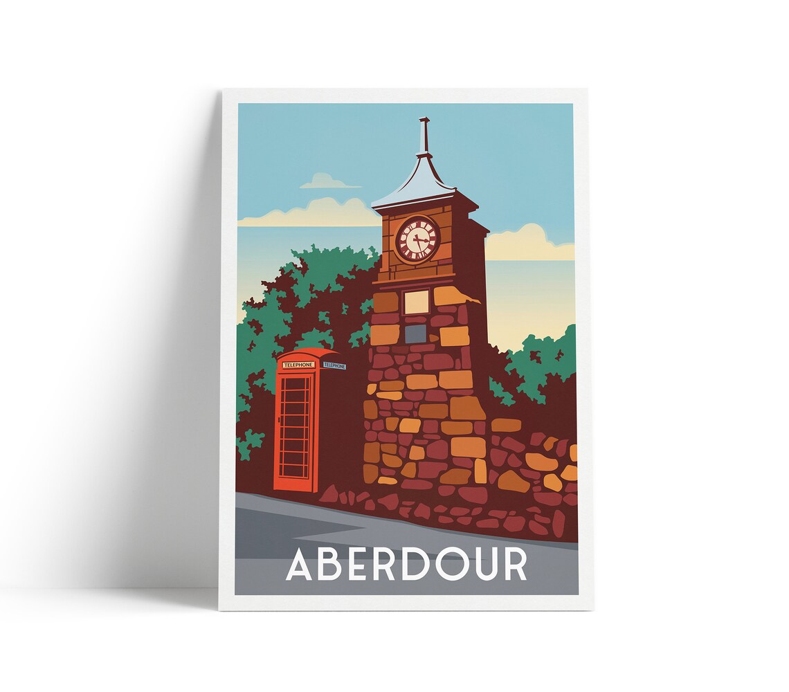 Aberdour Scotland Vintage Clock Tower And Telephone Box Travel Poster