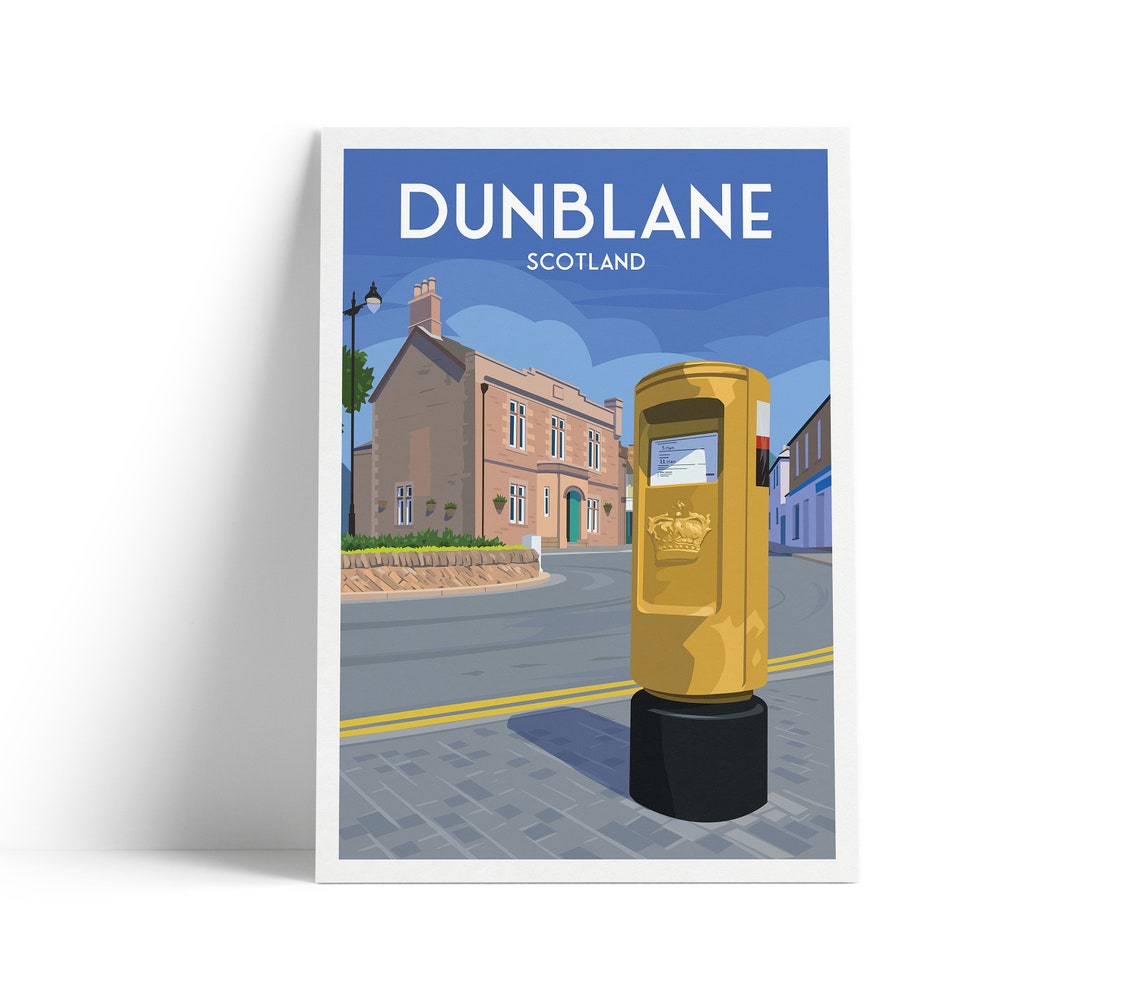 Dunblane Scotland Golden Post Box Street Scene Travel Poster