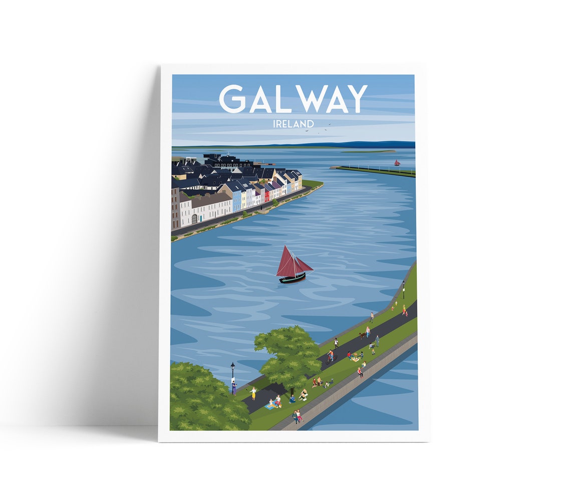 Galway Ireland Harbor Red Sail Boat Waterfront Promenade Travel Poster