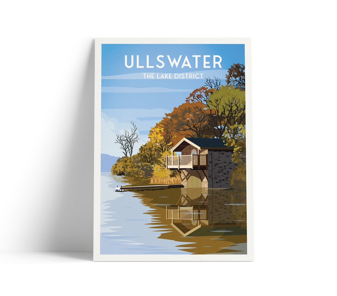 Ullswater Lake District Travel Poster with Boathouse Reflection