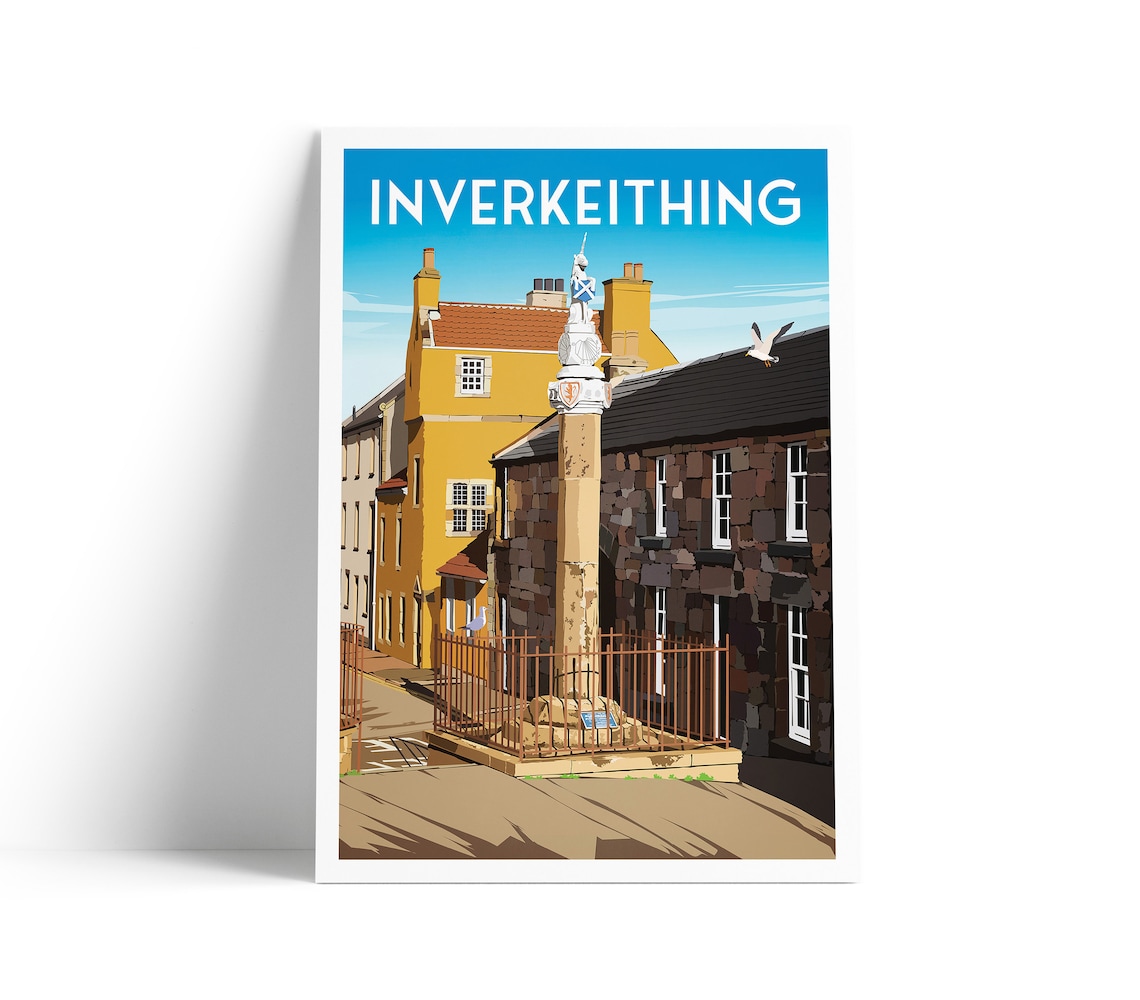 Inverkeithing Scotland Mercat Cross Historic Town Vintage Travel Poster