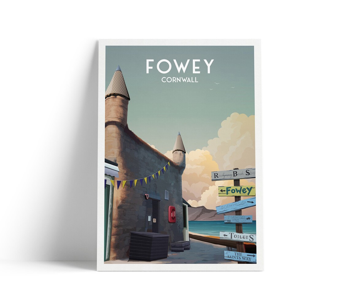 Fowey Cornwall Harbor Town Travel Poster Coastal England Seaside Artwork