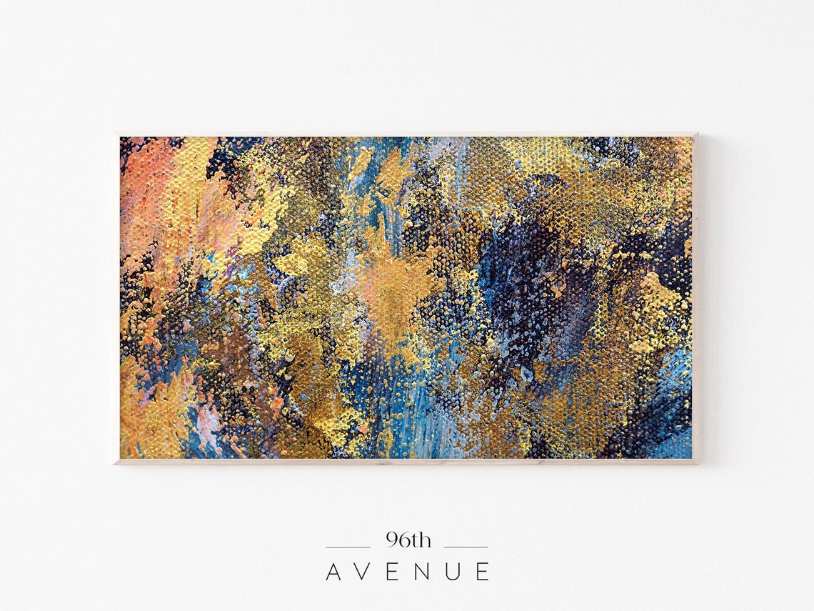 Vibrant Blue Gold Abstract Painting Textured Splash Art Poster