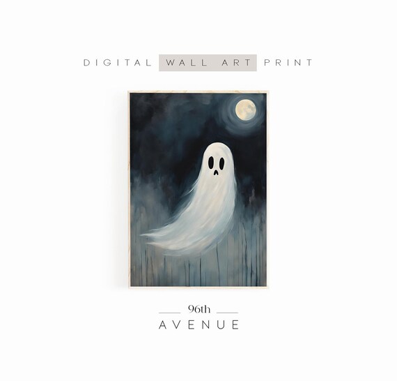 Spooky Ghost Floating Under Moonlit Night Dark Halloween Wall Art
