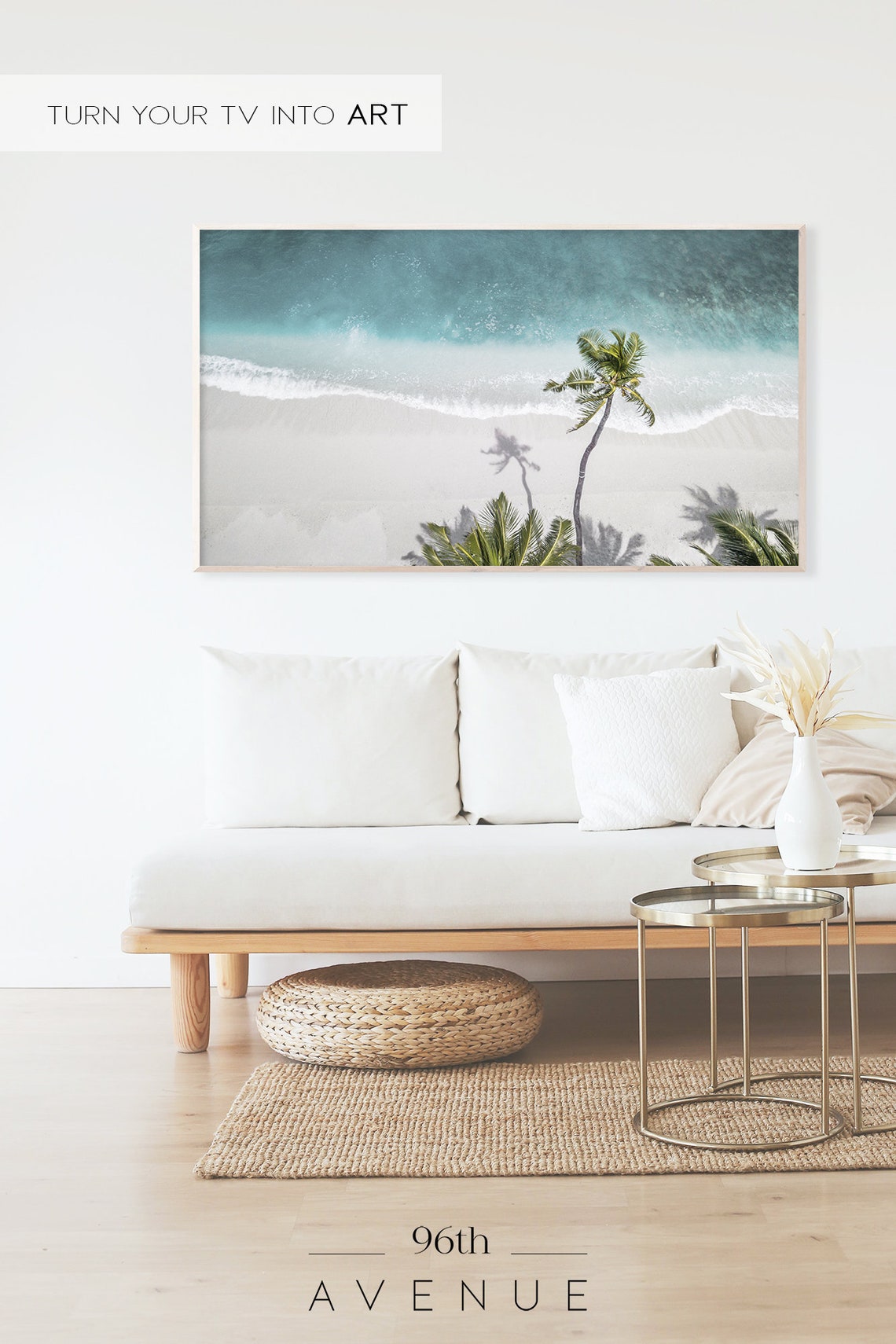 Aerial View Palm Tree Turquoise Waves White Sand Beach Poster - Image 2