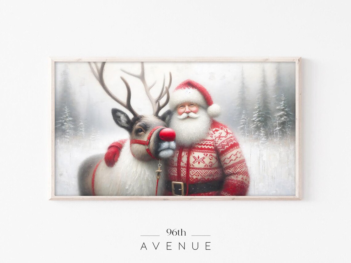 Santa Claus Hugging Reindeer with Red Nose Snowy Christmas Art Poster
