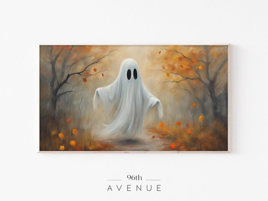 Friendly Ghost In Misty Autumn Forest Cute Fall Halloween Wall Art
