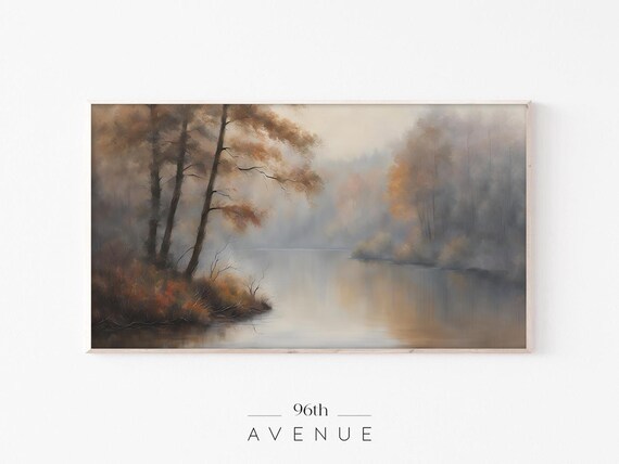 Misty Autumn Lake with Leaning Trees and Warm Foliage Scenic Poster