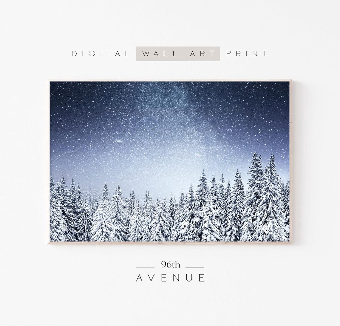 Starry Night Sky Over Snowy Pines Winter Forest Photography Wall Art