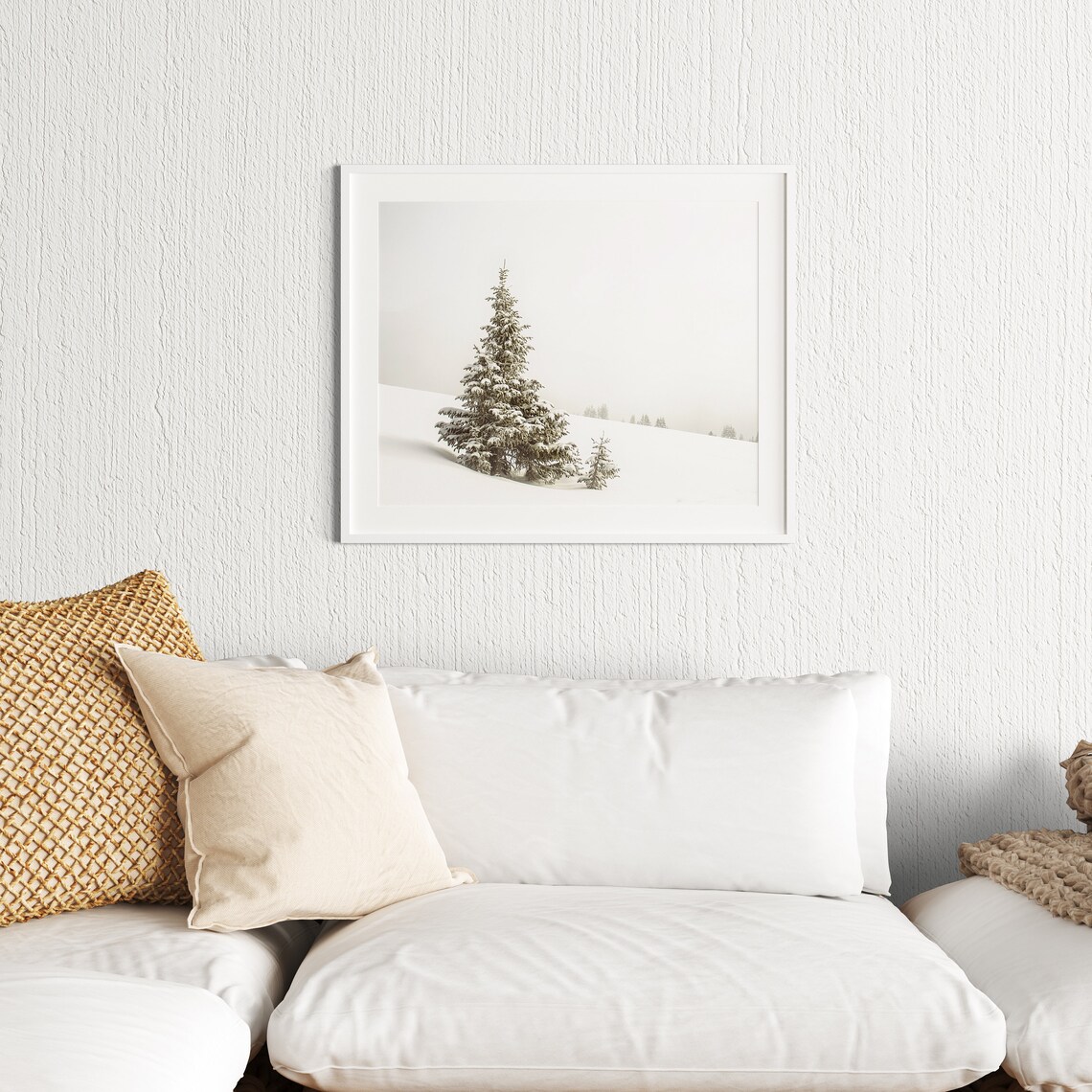 Lone Snowy Fir Trees on White Hillside Misty Winter Landscape Poster - Image 2