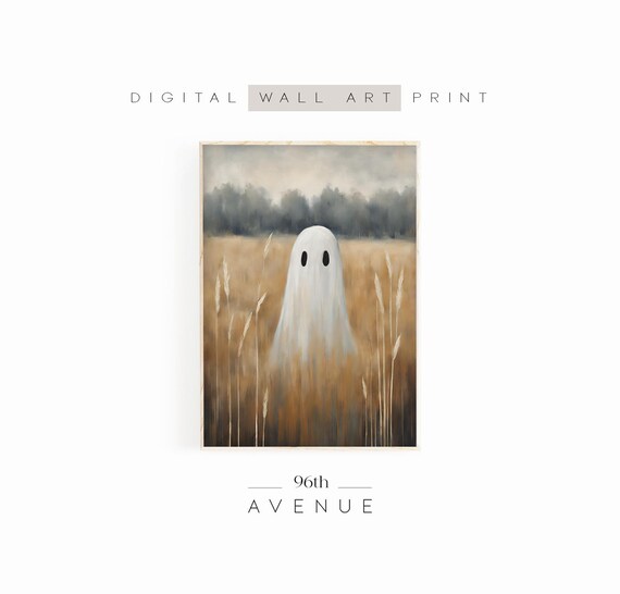 Whimsical Ghost In Golden Autumn Field Cute Halloween Painting Wall Art