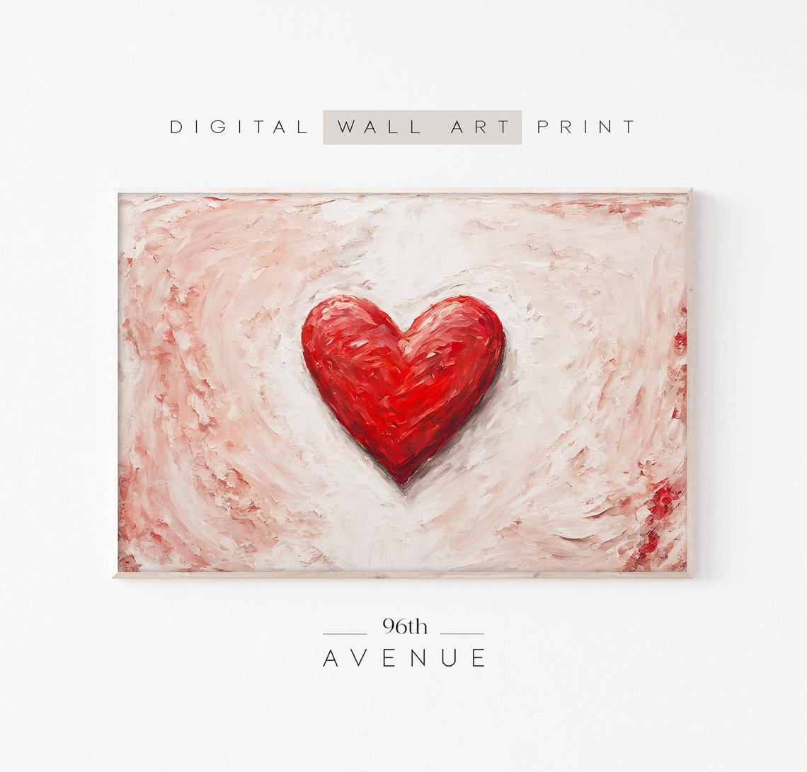 Red Heart on White Pink Swirl Textured Valentine Love Art Print