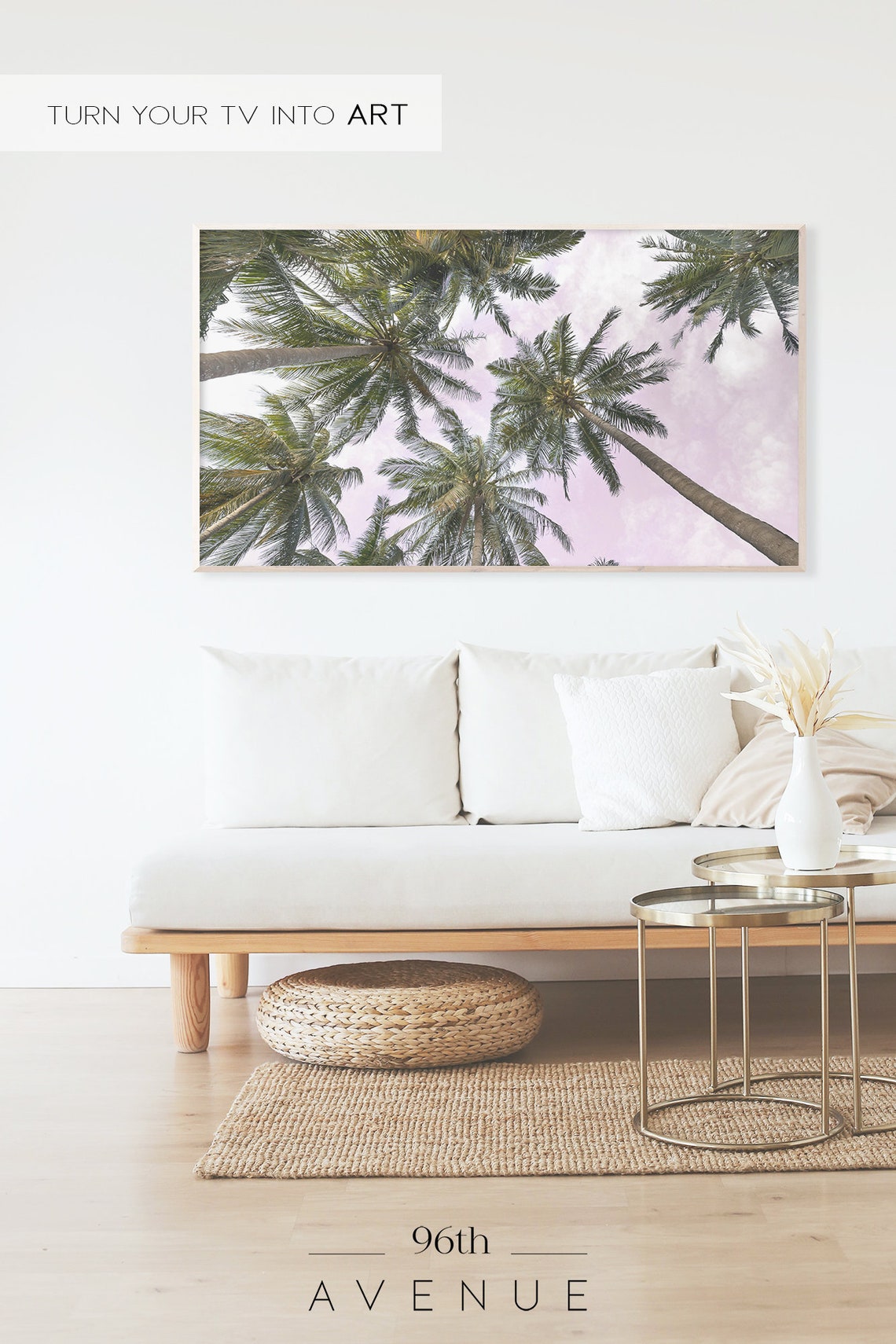 Palm Trees Against Blush Pink Sky Tropical Canopy View Poster - Image 2