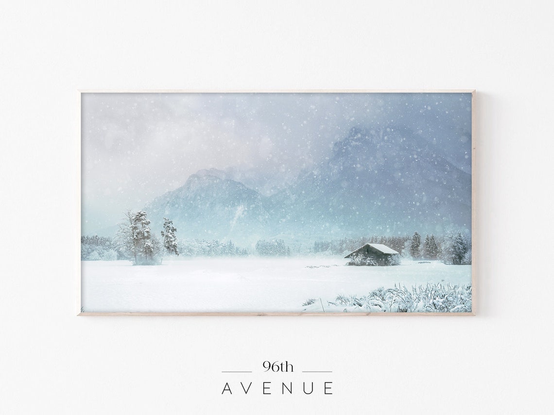 Snowy Mountain Cabin in Falling Snow Winter Landscape Poster
