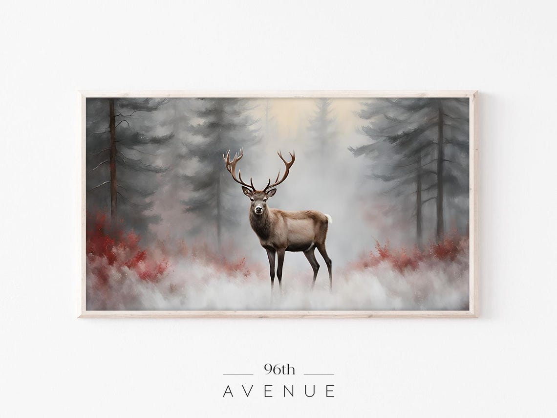 Reindeer In Winter Forest Frame Tv Art Woodland Stag Winter Oil Painting For Tv Christmas Tv Art 1035tv