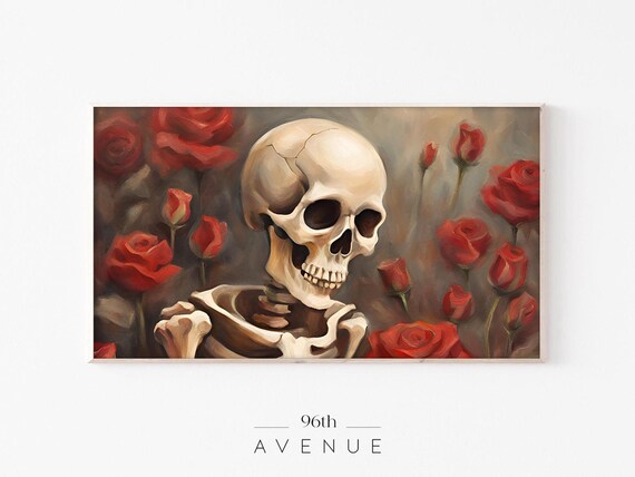 Romantic Skull With Red Roses Moody Vintage Halloween Art Poster