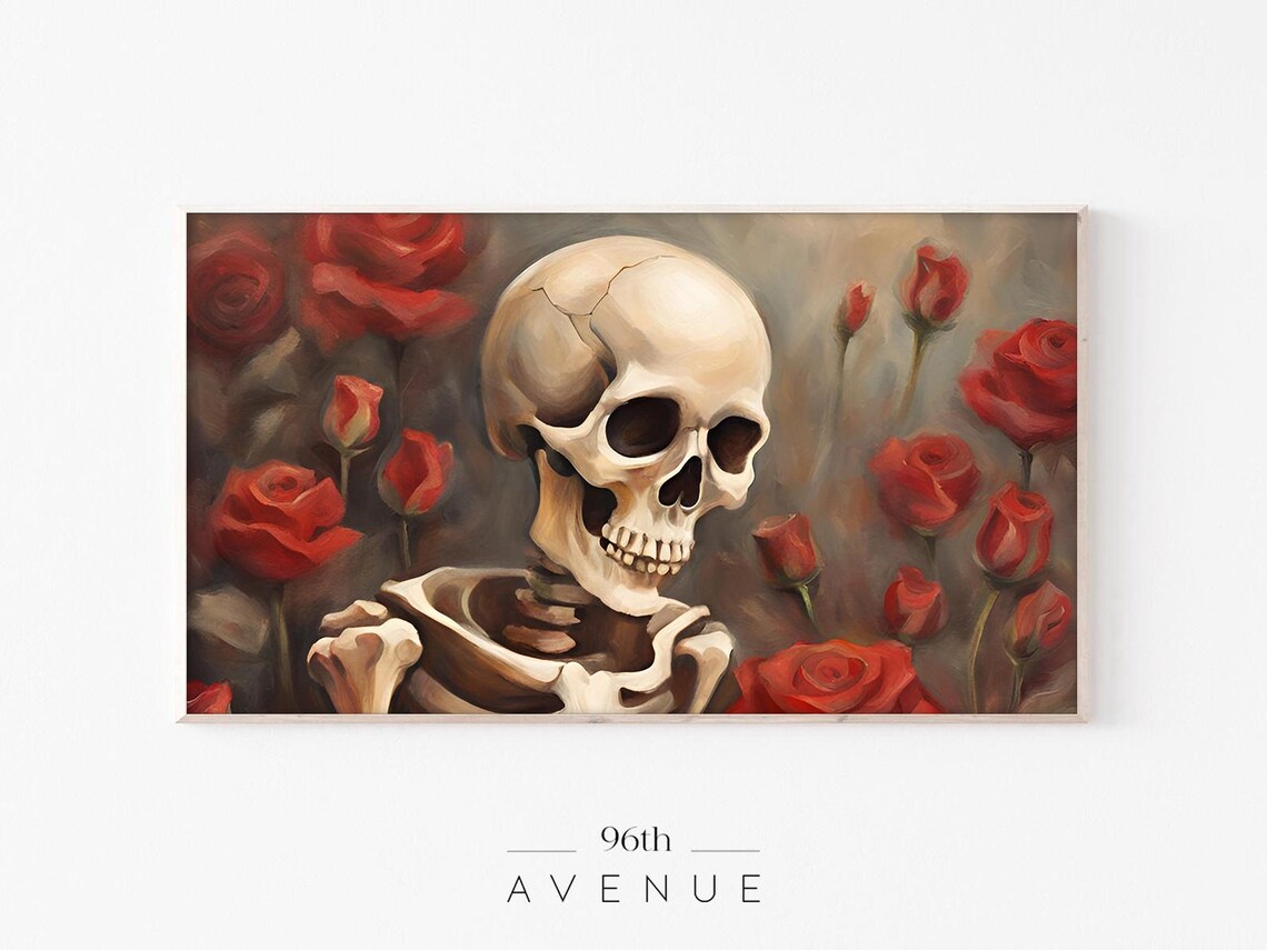 Romantic Skull With Red Roses Moody Vintage Halloween Art Poster