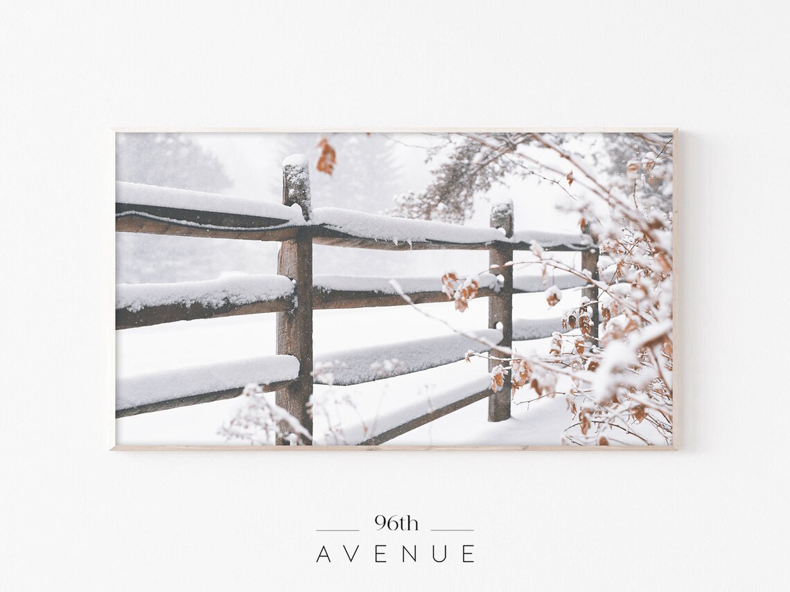 Snow Covered Wooden Fence Winter Branches Countryside Poster