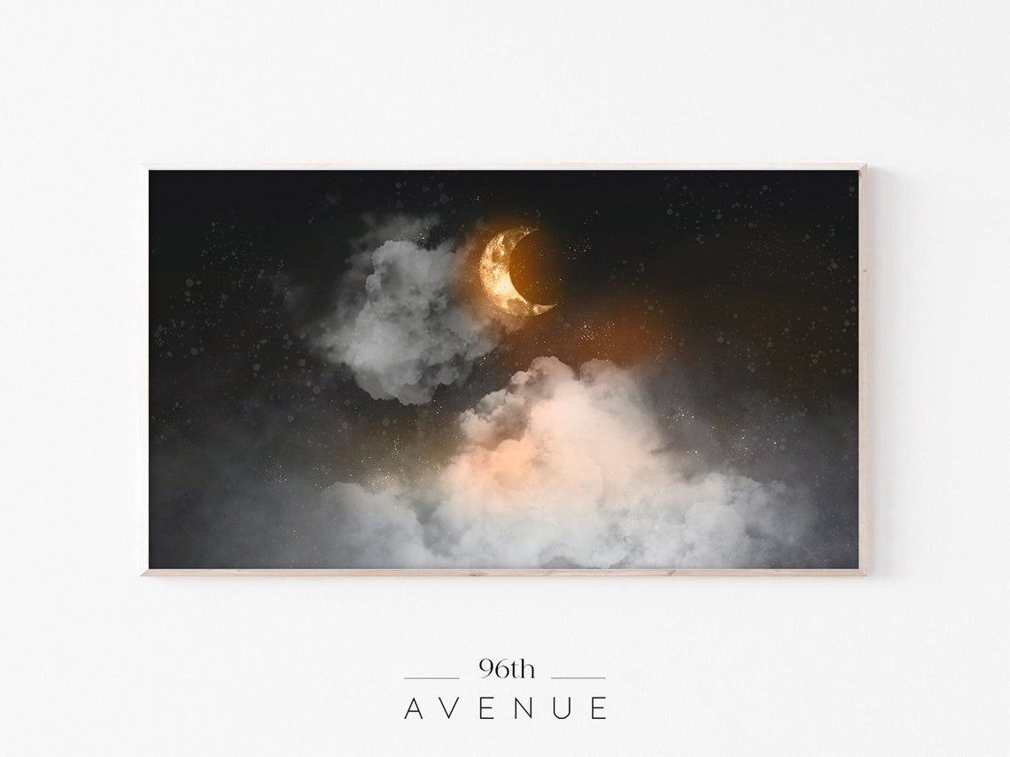 Golden Crescent Moon Over Night Clouds Celestial Painting Wall Art