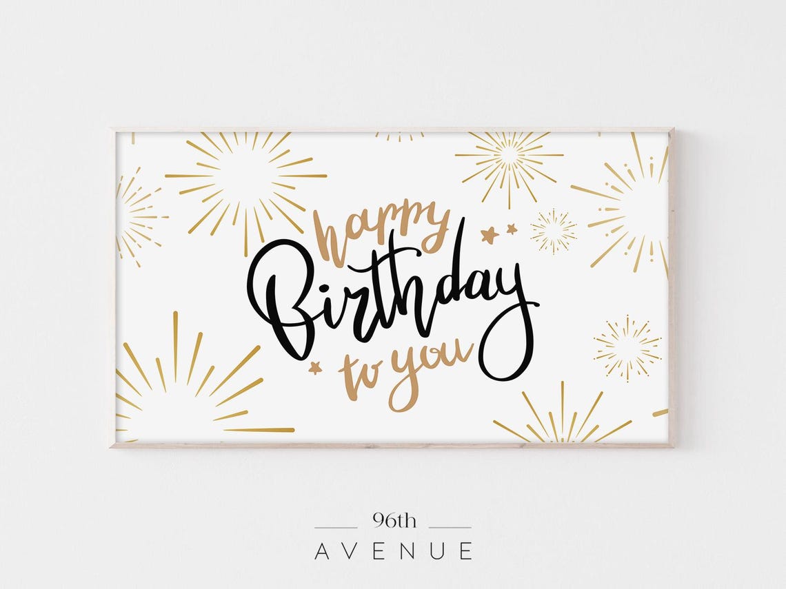 Happy Birthday Gold Calligraphy Fireworks Party Celebration Wall Art