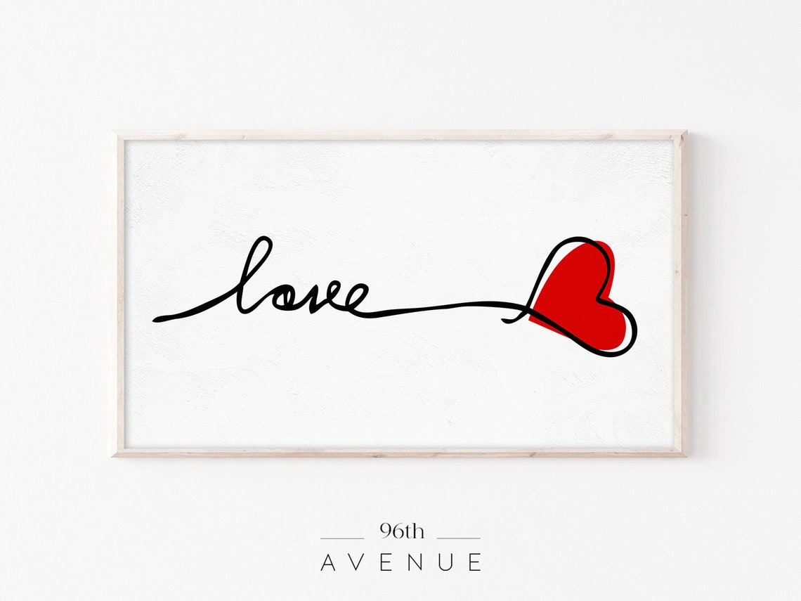 Simple Love Script With Red Heart Minimalist Line Drawing Wall Art